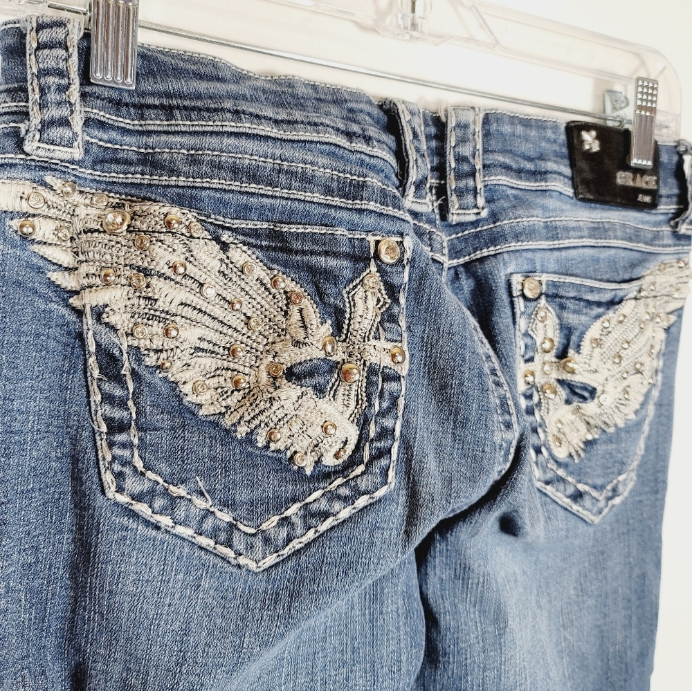 Grace In LA Straight Denim Jeans With Wing Embroidery, Size 28 - Picture 5 of 5